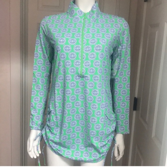 IBKUL Classic Key Long Sleeve Green Navy Mock Neck Zippered Top sz large - Picture 1 of 11